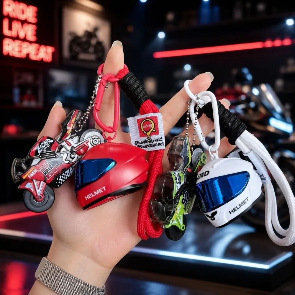 Creative Motorcycle Helmet Keychain Braided Lanyard Carabiner Clip Mini Key Pendant Lightweight Biker Style Racing Keychain