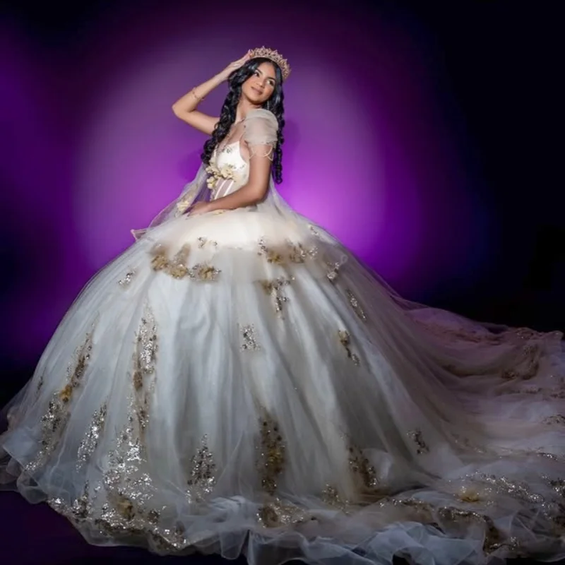 Light Champagne Quinceanera Dress Crystal Glitter Decal Beadwork 3D flower Long tail Vestidos De 15 Quinceanera ﻿Customize
