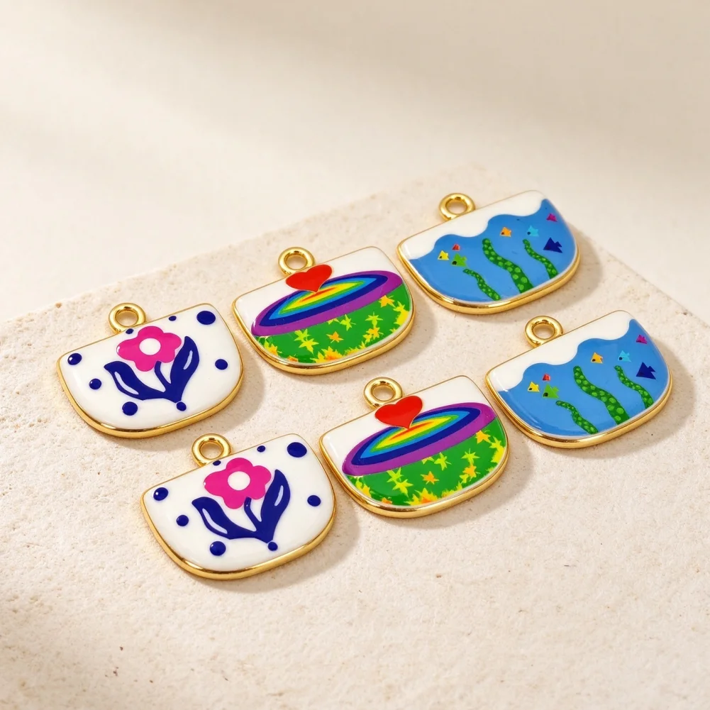 4Pcs Pendants Brass Enamel Fish Flower Rainbow Heart Pattern Charms Aquarium Shape DIY Jewelry Accessories for Necklace Bracelet