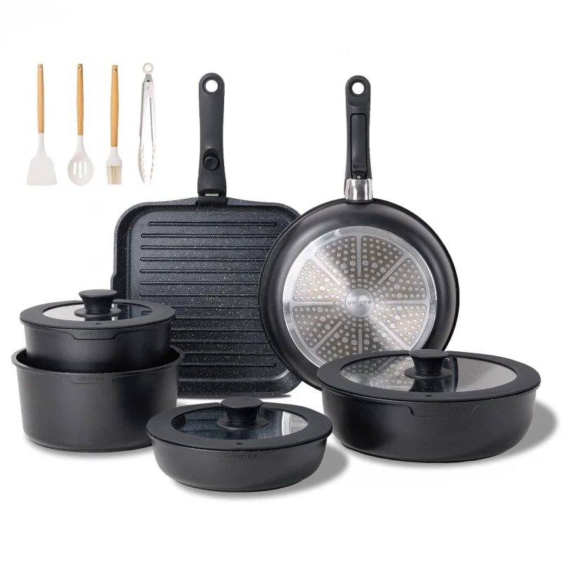 

Pfoa-Free Oven Safe Induction Kitchen Cooking Set Rv Camping Stackable Pot Non-Stick Pan Cookware Set With Detachable Handle