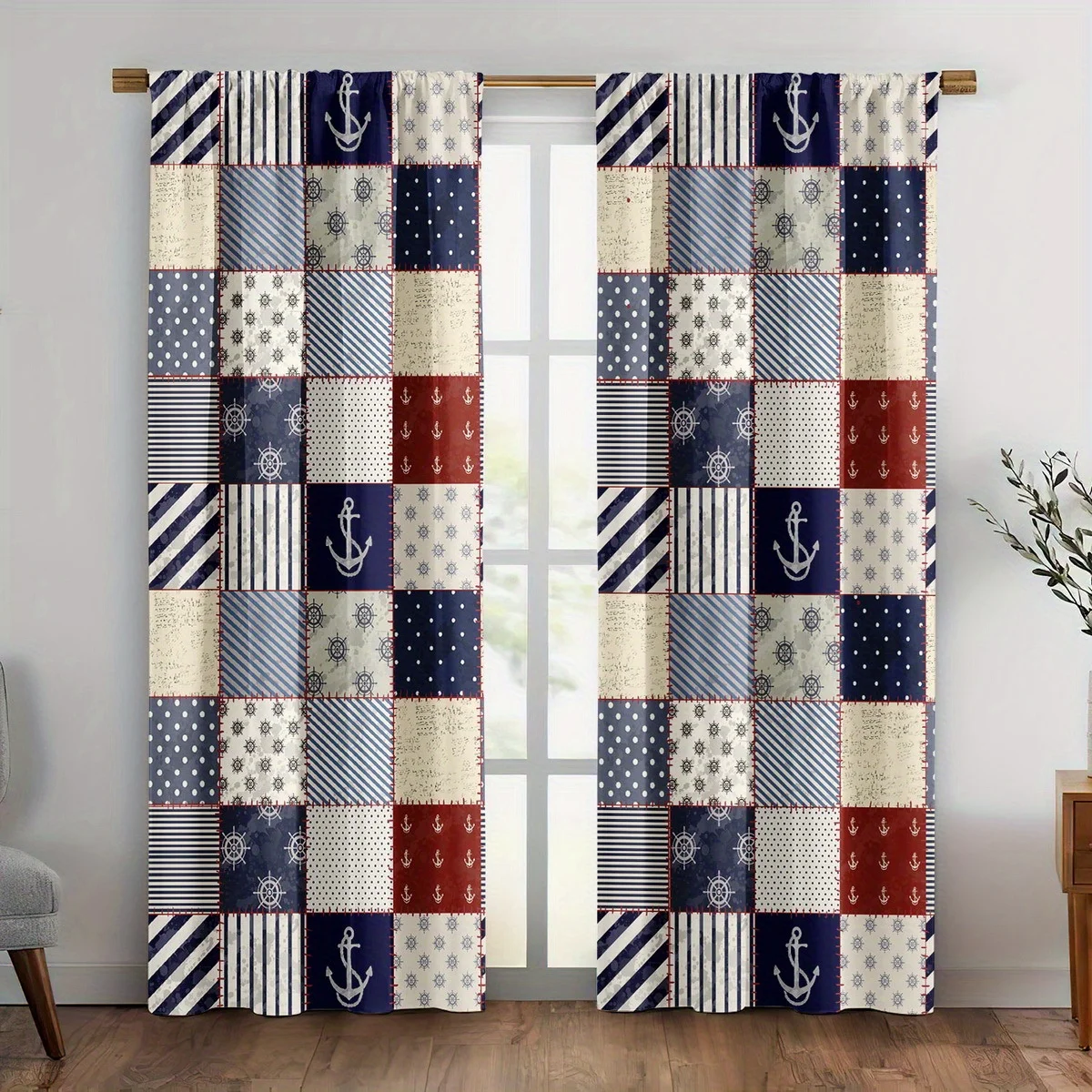 Marine splicing anchor and ship wheel Print Drapes Room Darkening Window Curtains for Home Decor,Rod Pocket Blackout Curtains