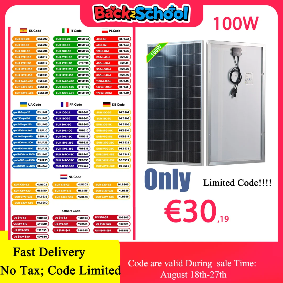 Solar Panel 100w 120w140w 160w 18V Rigid Solar Panel 25 Year Photovoltaic Monocrystalline Cell 12V Battery Charge
