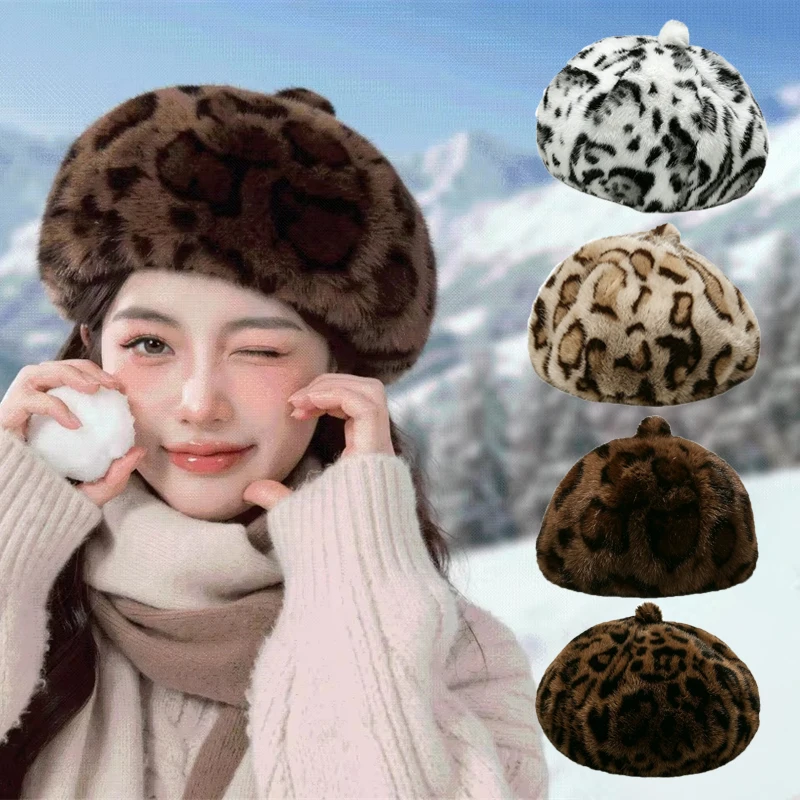 Winter Warm Bonnet Furry Beret French Artist Hat Soft Thickened Leopard Print Hat Comfortable Luxury Octagonal Cap Dating