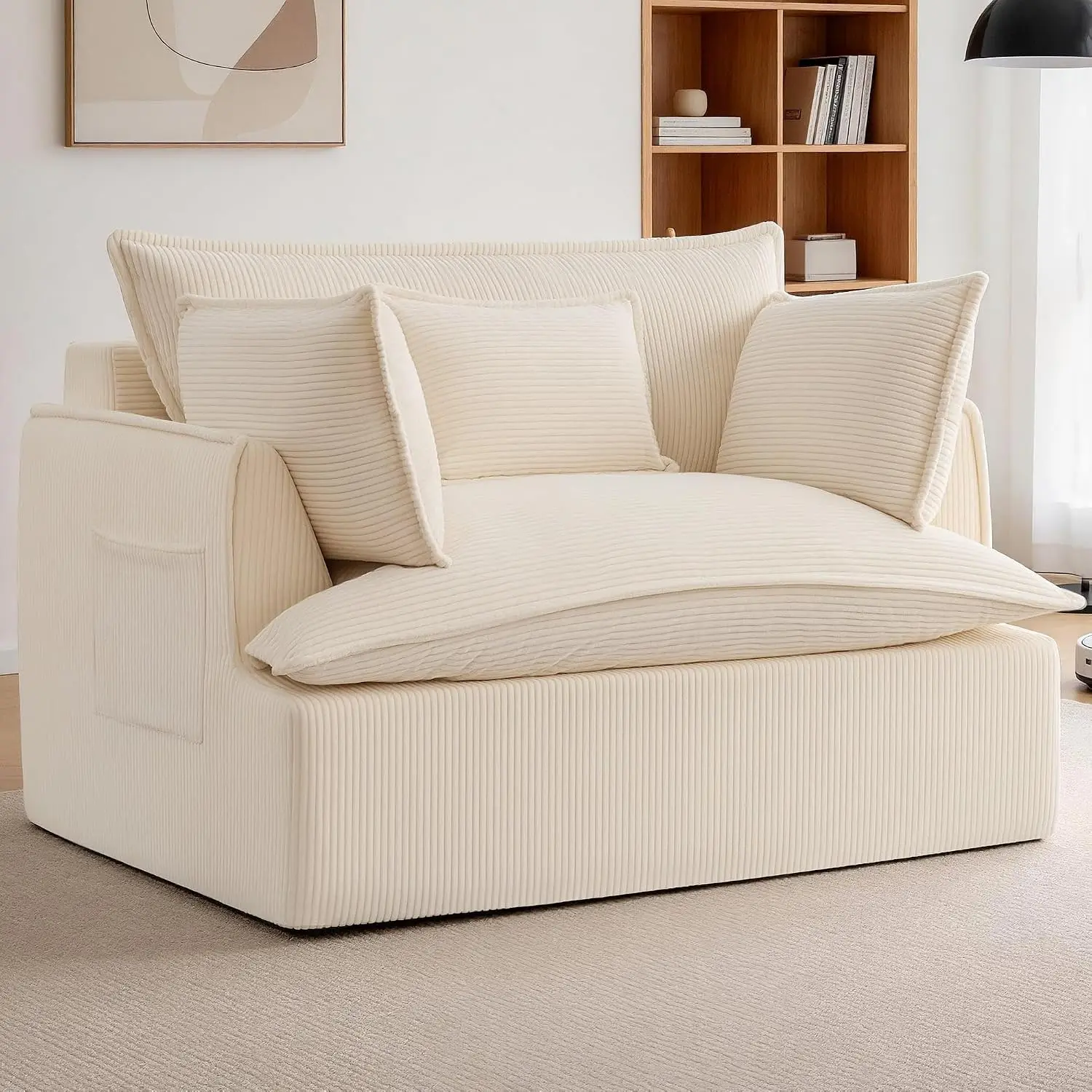 Corduroy Oversized Chaise Lounge Sofa Bed with Pillows & Pockets, Cloud Couch for Living Room No Assembly, Beige, Customized