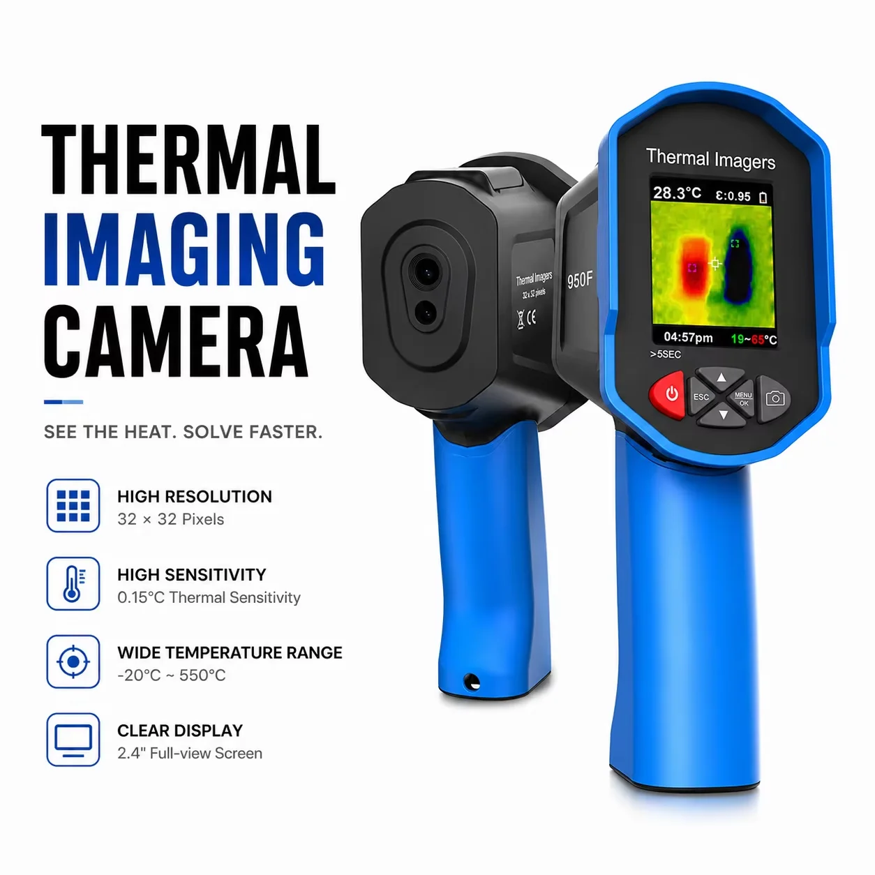 Thermal Imager 256x192 Super Res 25Hz WiFi APP 3.5in Hot/Cold Spot Tracking Pipe PCB Solar HVAC Industrial CE 8G TF -20~550°C