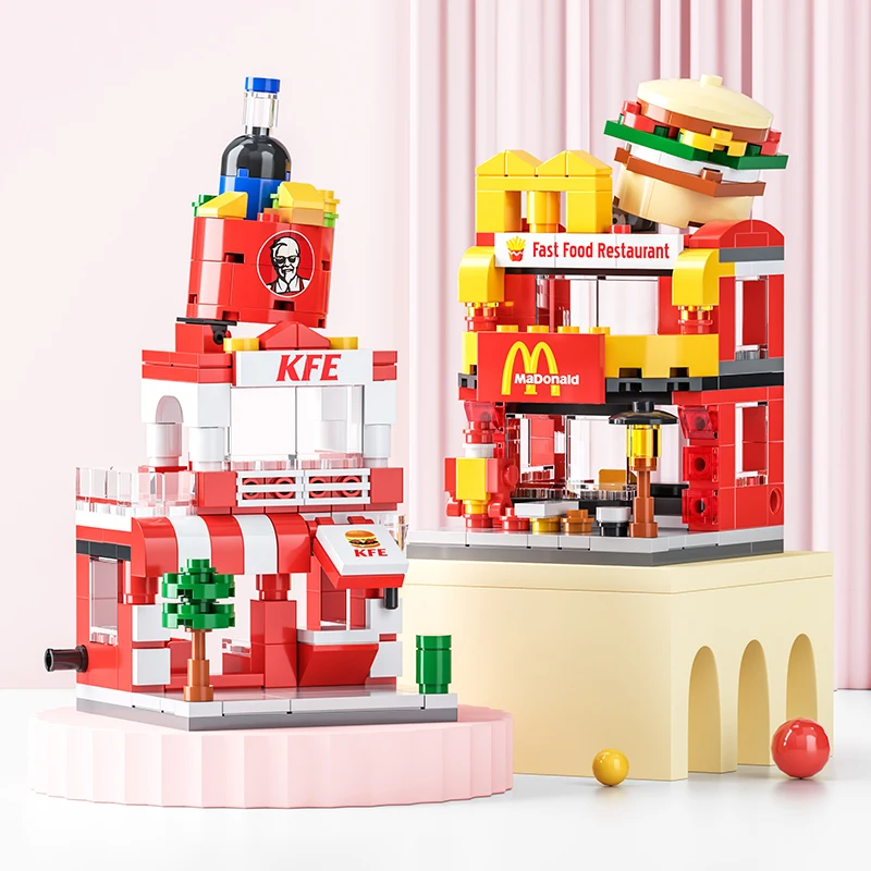 Creativo Mini Negozio Caffè Hamburger Negozio Snack Bar Building Blocks Città Street View Casa da gioco Assemblare Mattoni Giocattolo in miniatura per ragazze