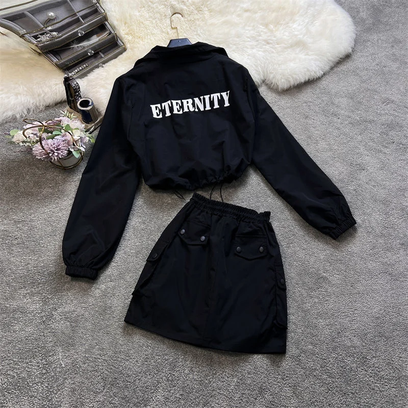 2023 Spring Autumn Y2K 2 Peices Sexy Dress Set  Women Outdoor Black Jacket Skirt Suit Thin Sunscreen Loose Sport Outfit