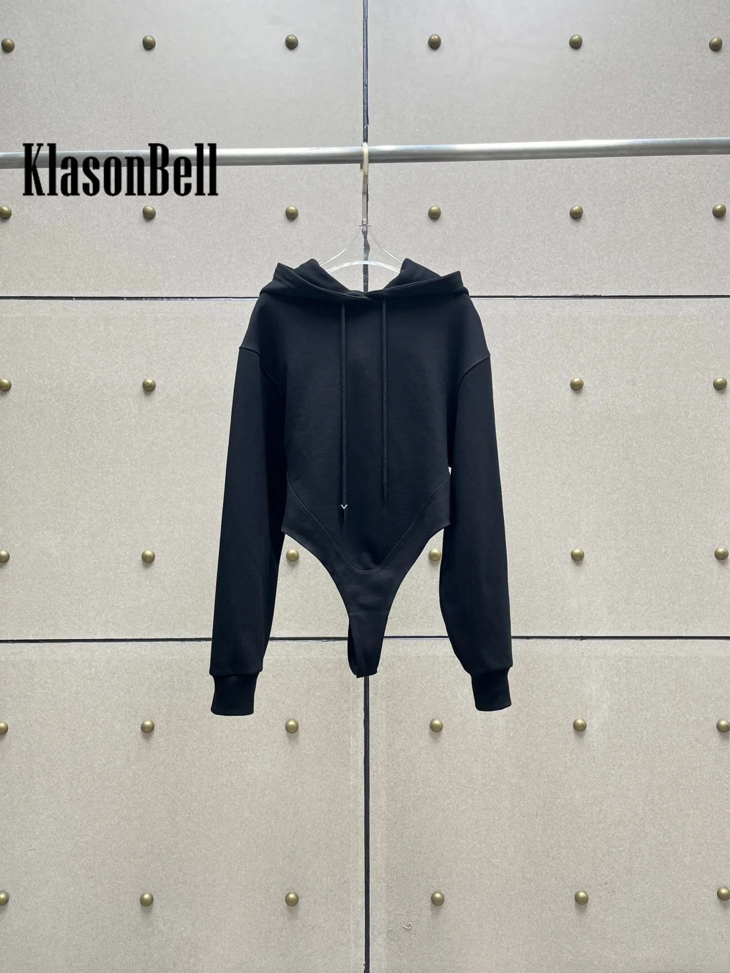 8.31 KlasonBell Women\'s Fashion Metal Lace-up Decoration Hooded Sweatshirt Bodysuit Contrast Color Spliced Long Sleeve Playsuit