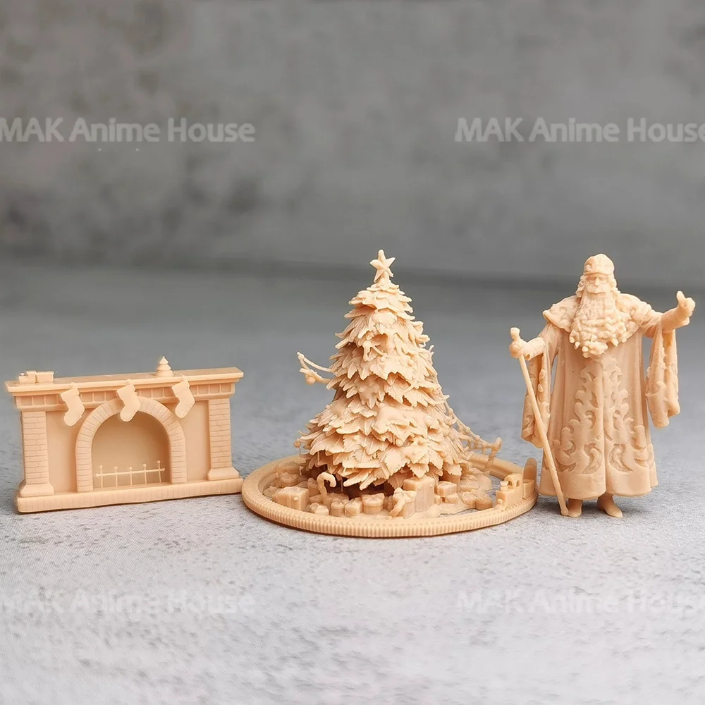 Miniatures Figures 1/64 1/43 Christmas Gift Tree Old Man Deer Elf Fireplace Unpainted Diorama Model Creative Garage Scene Dolls