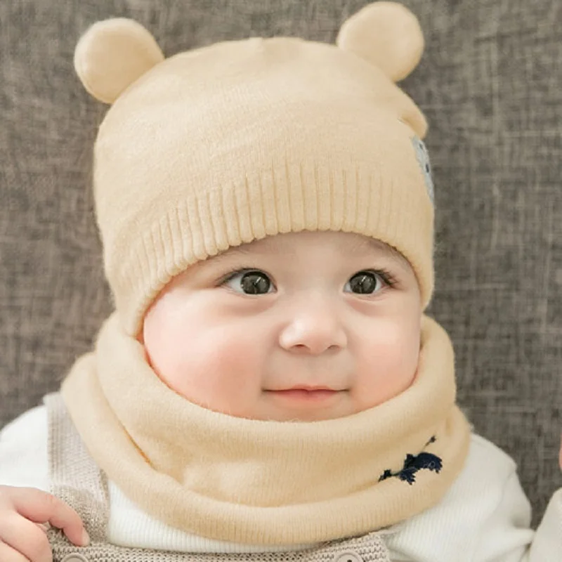 2Pcs/Set Winter Warm Knit Baby Hat Scarf Set Cartoon Bear Tiger Children Boys Girls Hat Bonnet Infant Toddler Kids Caps Beanie