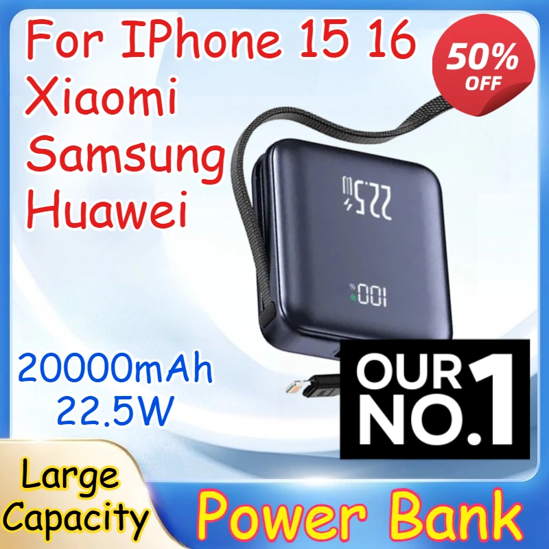 

20000mAh 22.5W Fast Charging Battery for IPhone 15 16 Xiaomi Samsung Huawei Ultra-Thin Mini Wired Power Bank with Built-in Cable