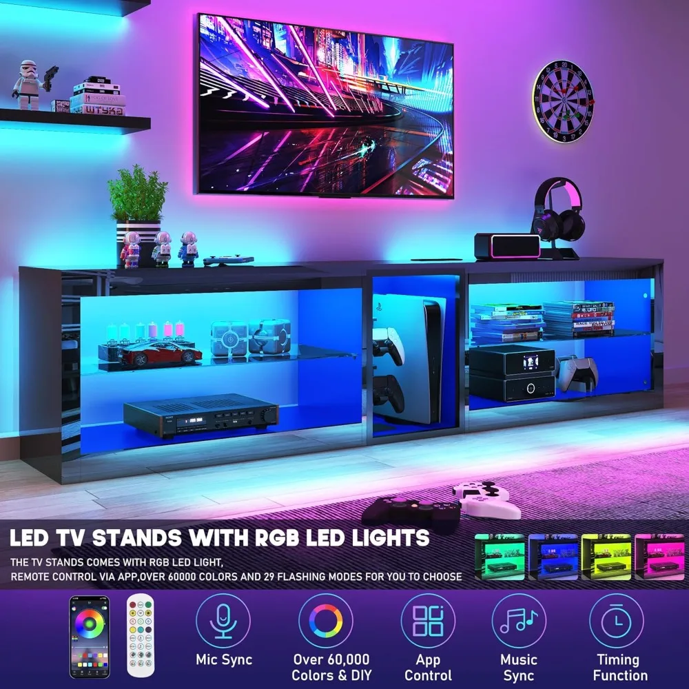 حامل تلفزيون LED عالي اللمعان مقاس 80 بوصة مع مقبس طاقة، تلفزيون 80 85 90 بوصة 60000 لون إضاءة، ترفيه LED أسود حديث