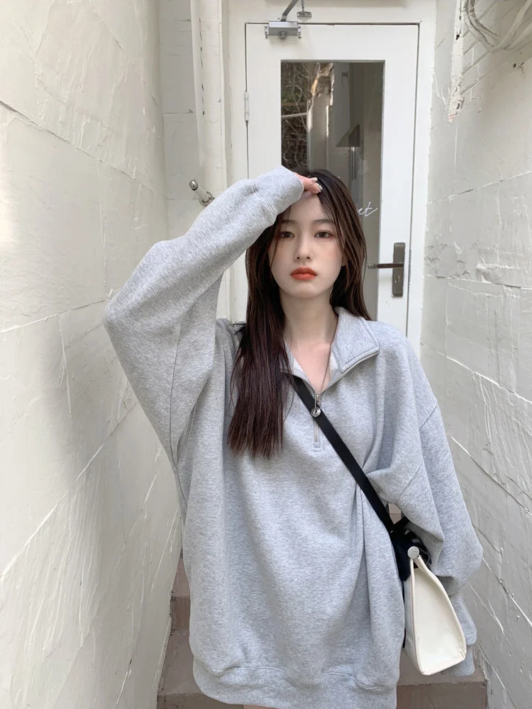 QWEEK Casual Oversized Sweatshirts Women Korean Fashion Kpop Polo Collar Grey Solid Pullovers 2022 Autumn Streetwear