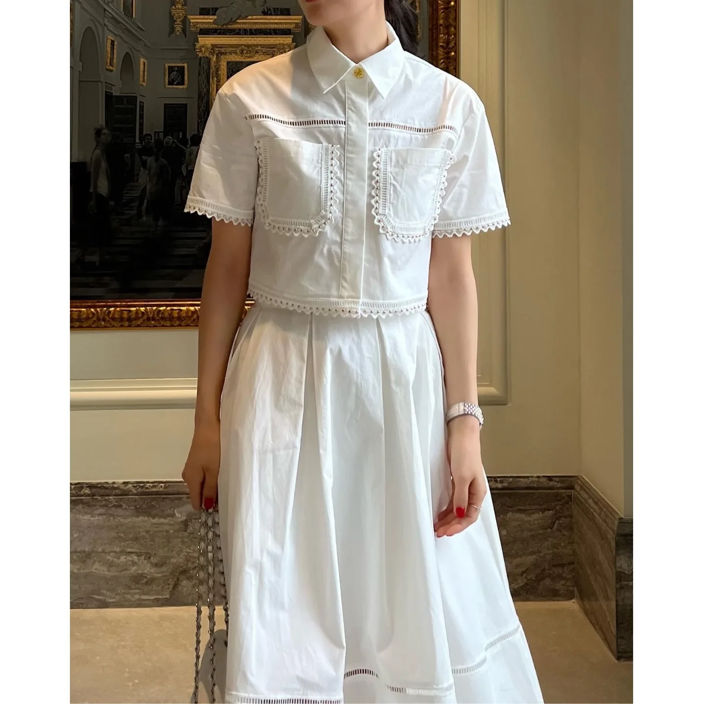 

Fashionable Retro Short Sleeve Beaded Shirt And High Waist Skirt Set Women's Summer Hollow out Lace Half Body Skirt Ensemble