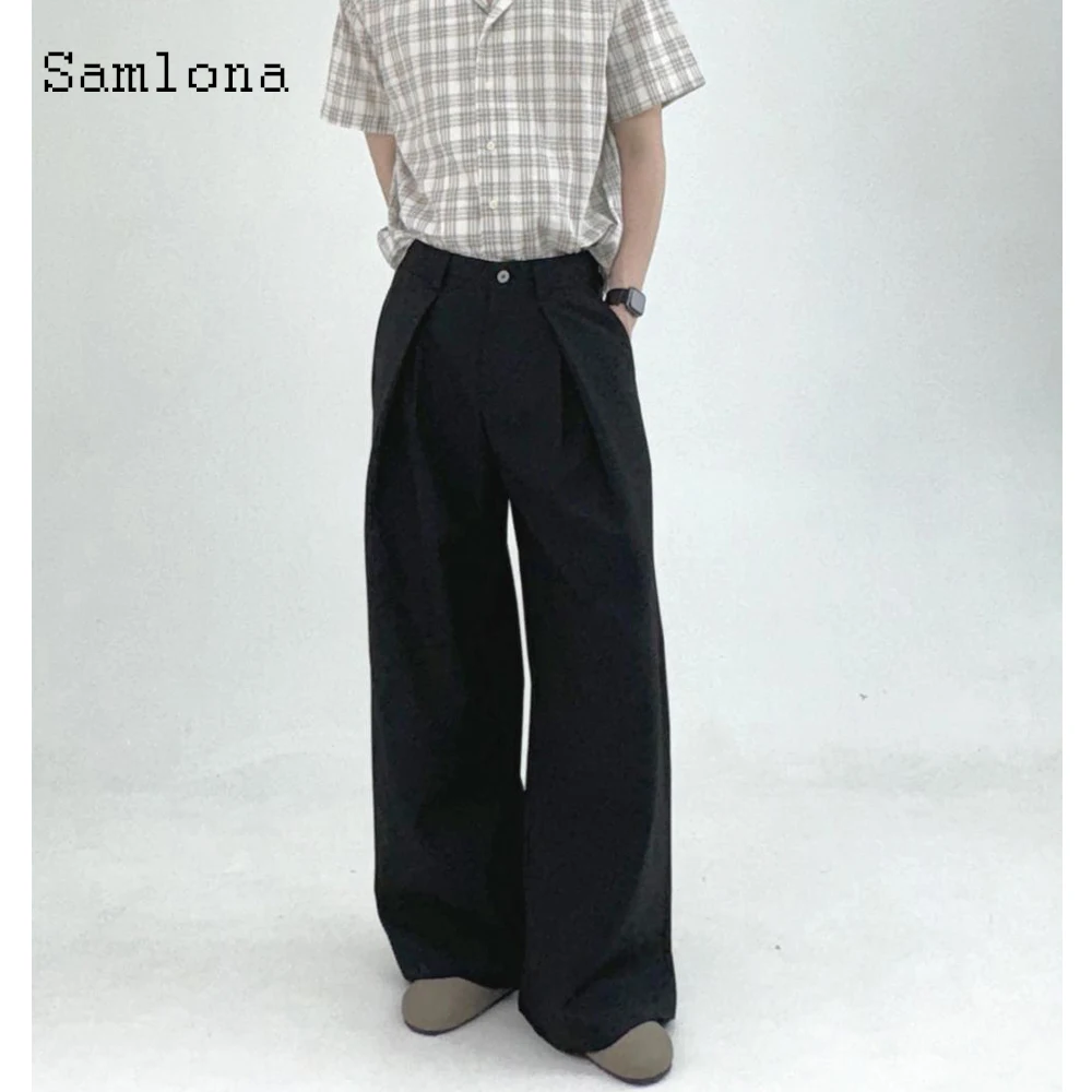 Samlona حجم كبير أزياء رجالي بنطال ذو قصة أرجل واسعة الصلبة البني الطابق طول بنطلون Kpop الكلاسيكية نابلي الأساسية دعوى بانت البنطلونات جديد