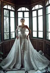 Modest Pearls Mermaid Wedding Dress One Shoulder With Detachable Train Bridal Gowns Custom Made Crystals Sequin Vestido de novia