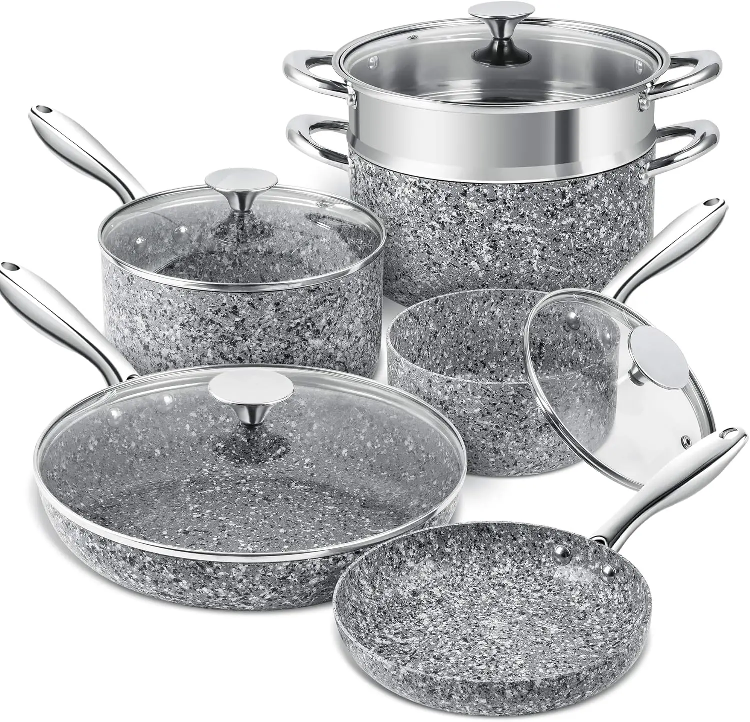 Stone Cookware Set 10 Piece, Ultra Nonstick Pots And Pans Set With Stone-Derived Coating For Kitchen, Granite - 10 Piece