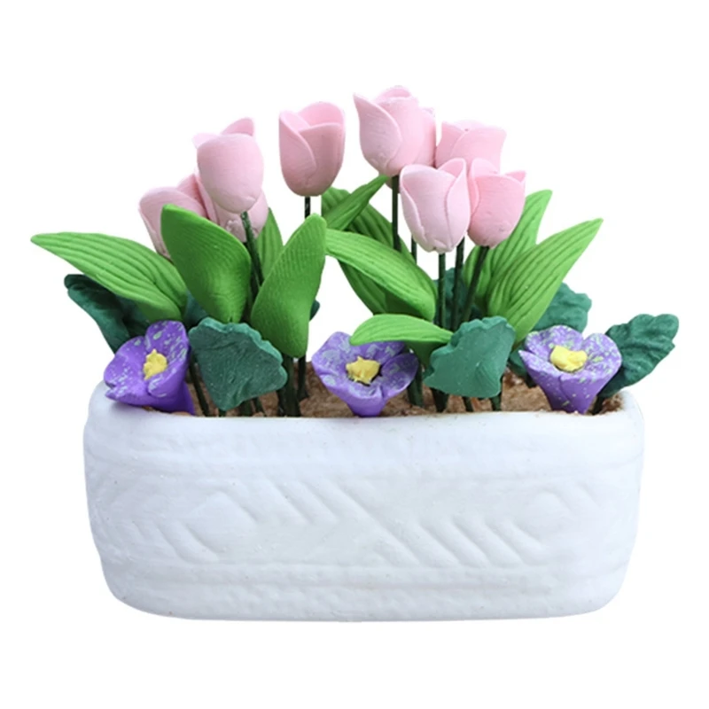 090B Dollhouses Plant Pink Flower Figure Flower Model Decorations for Dollhouses Accessories Photo Props