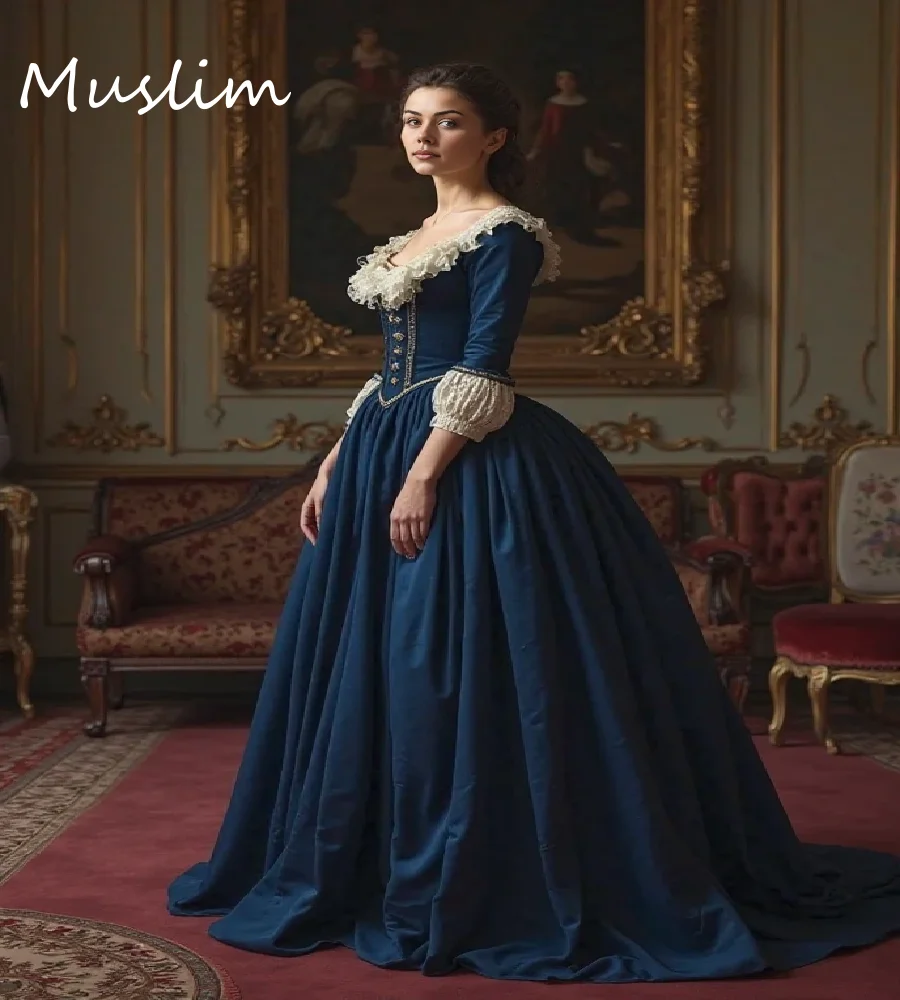 

South Belle Cival War Blue Prom Dress With Lace Vintage Victorian Medieval Evening Dress 1850s Aesthetic Formal Party Customized