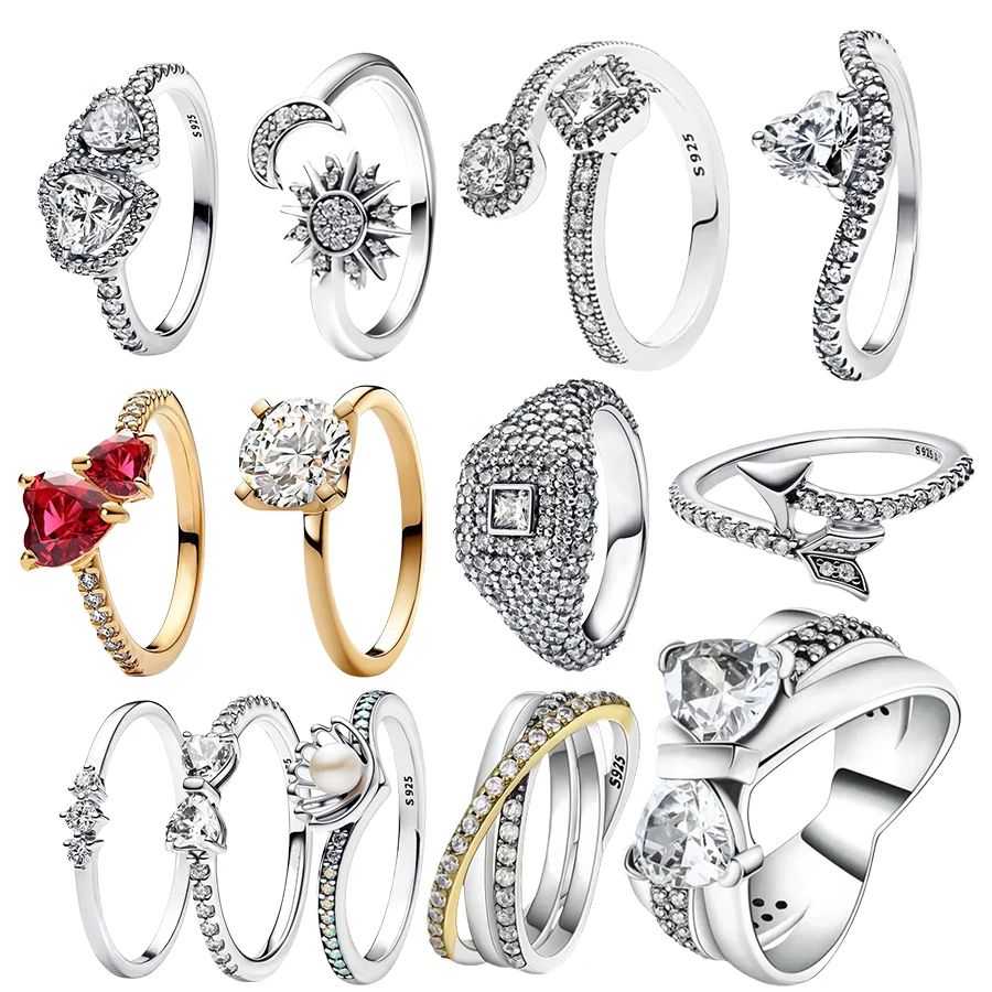 여성을위한 새로운 925 스털링 실버 빛나는 활 더블 하트 반지 파인 웨딩 약혼 생일 보석 선물