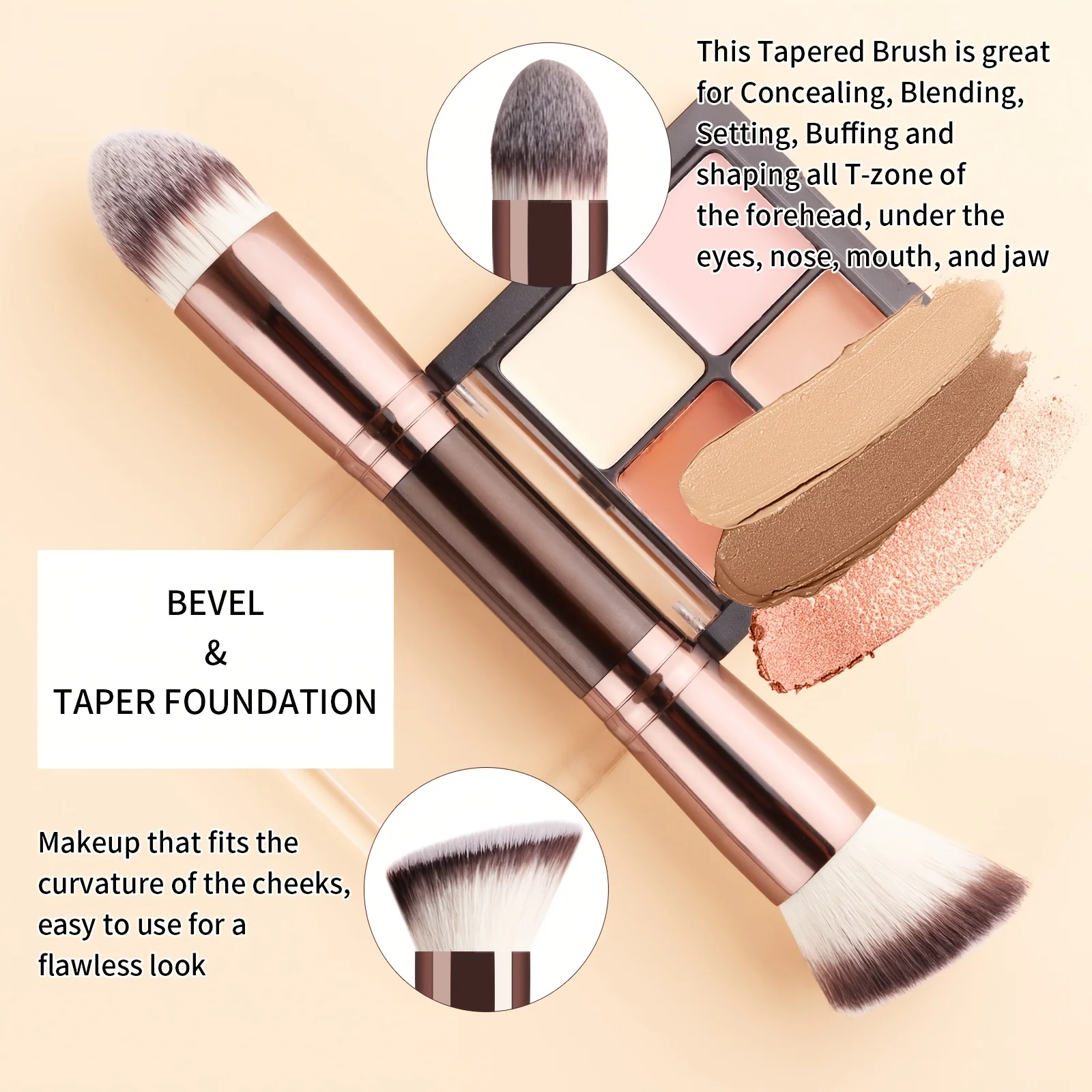 Single Double-Ended Multi-Functional Makeup Brush, Professional Foundation + Blush Brush, Soft & Dense Bristles