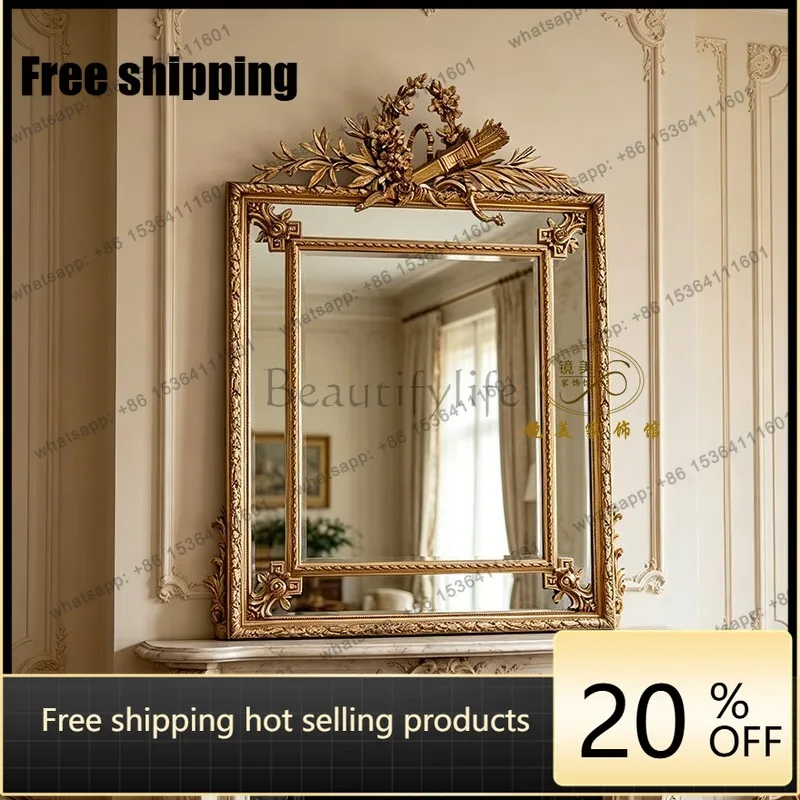 French vintage wall fireplace decorative mirror, carved entrance mirror hanging on the background wall