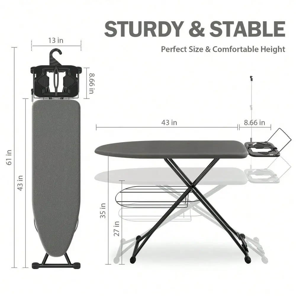 Ironing Board, Compact Iron Board With Iron Rest And Hanger And Silicone Irons Harness, 7 Adjustable Heights & Extra Thick Cover, Folding Heavy Duty Ironing Board