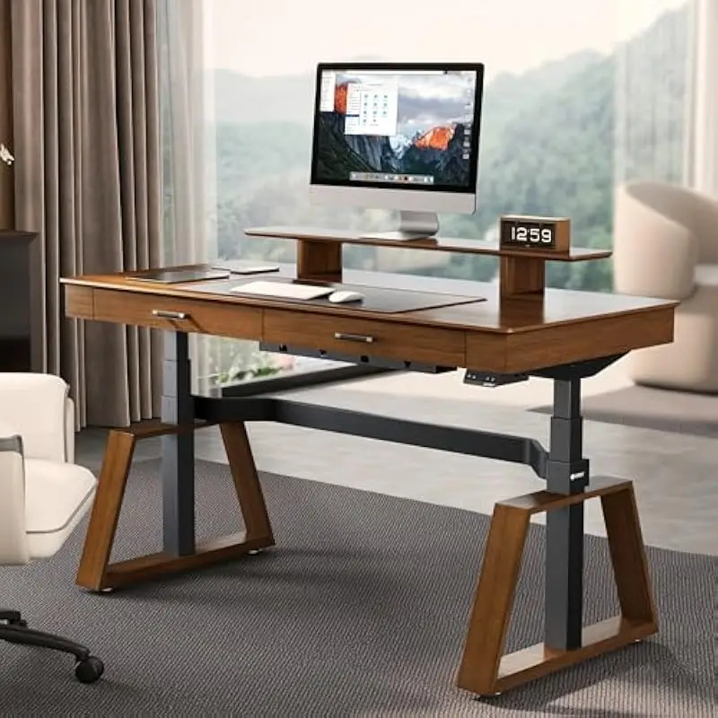 63 Inch Height Adjustable Executive Desk with Dual Motors USB Ports Wireless Charging Monitor Stand Trapezoidal Metal Base Solid