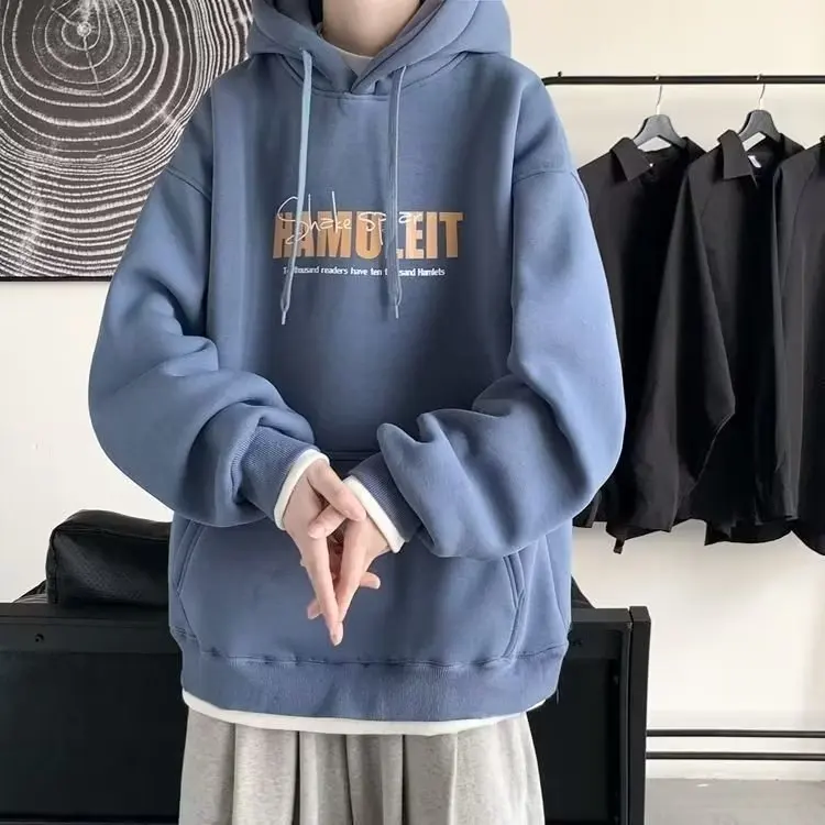 

Мужская зимняя утепленная толстовка с длинными рукавами и флисовой подкладкой, повседневная, свободного кроя, в американском стиле, модная, молодежная, осенне-зимняя