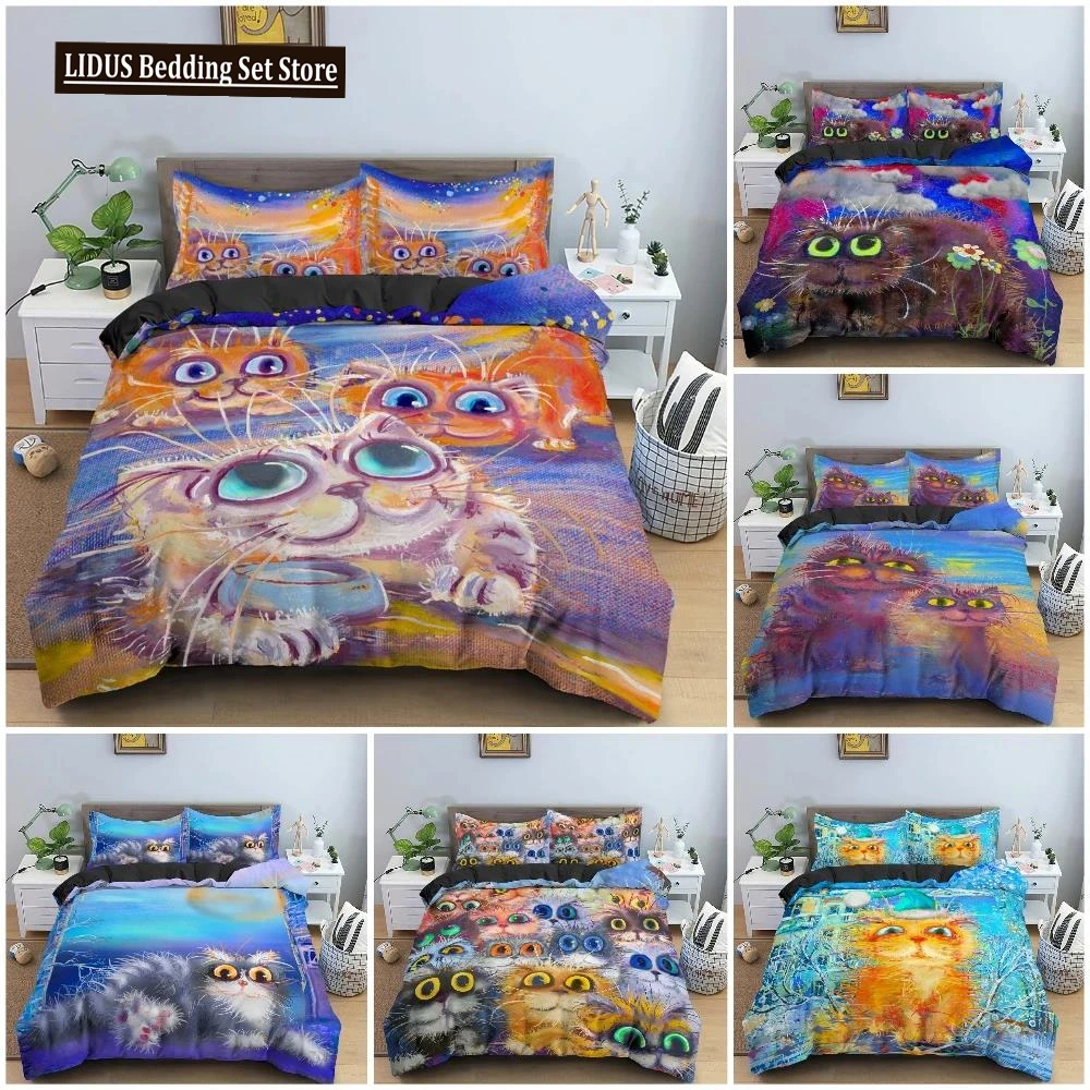 

Watercolor Cartoon Cat Pattern Quilt Cover Bedding Set Bedroom Decor Duvet Covers Pillowcase King Twin Single Bedclothes 2/3Pcs