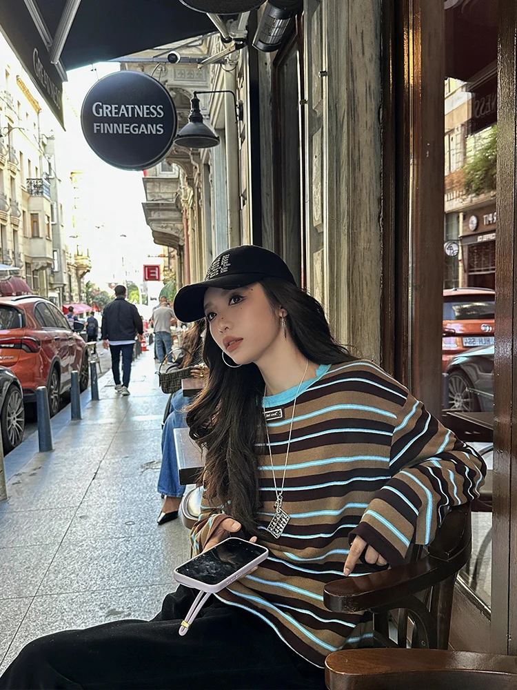 

ZQ Lazy Time Cotton Knitwear Women's Loose Long Sve Thin Sweater Autumn New Sle Comfortable Breathable round Ne Stripe...