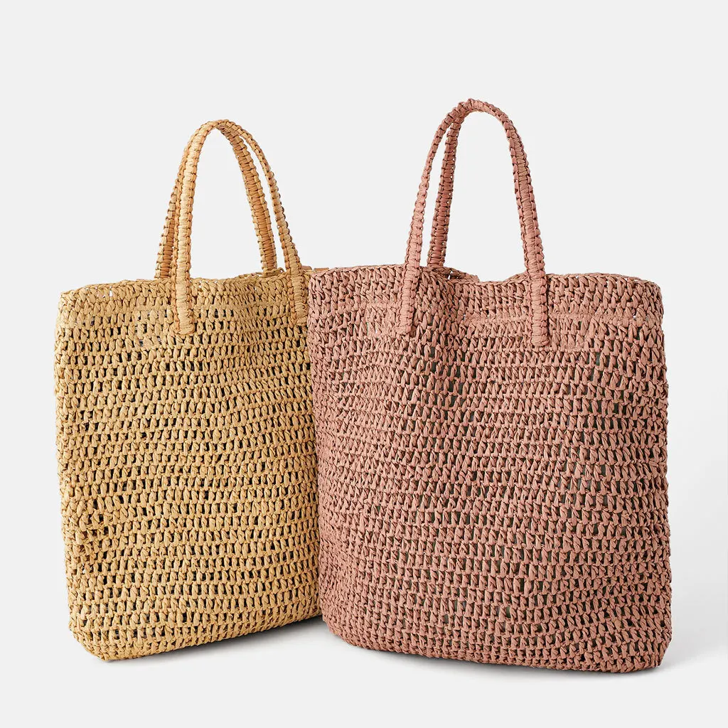 

Large Paper Rope Straw Bag Handmade Crochet Handbags Bohemian Woven Travel Beach Bags for Women Shoulder Bag Hollow Shopper Tote
