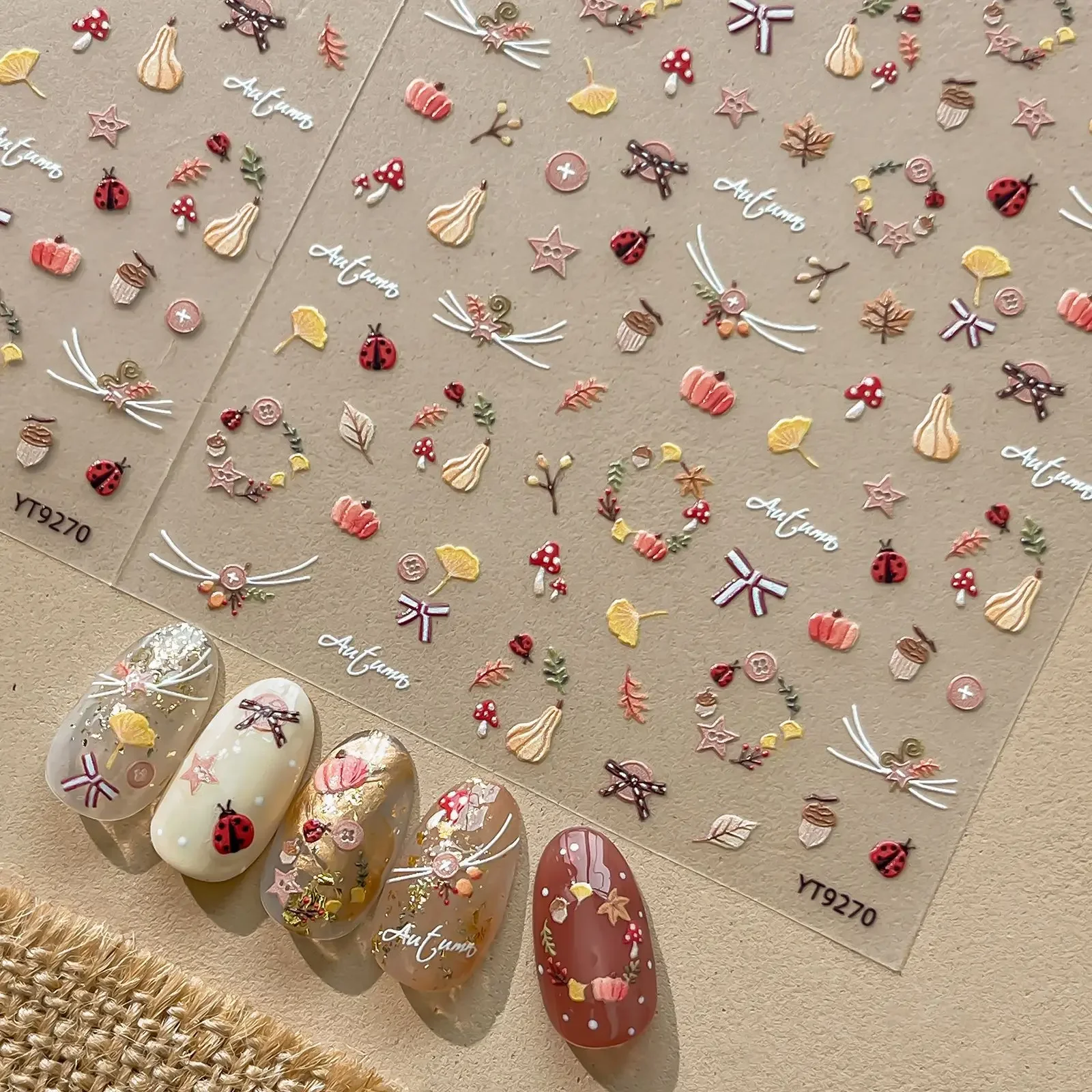 Ginkgo Leaf Ring Maple Mushroom Pumpkin Button Ladybug Star Autumn 5D Nail Stickers Self Adhesive Nail Art Decorations Decals
