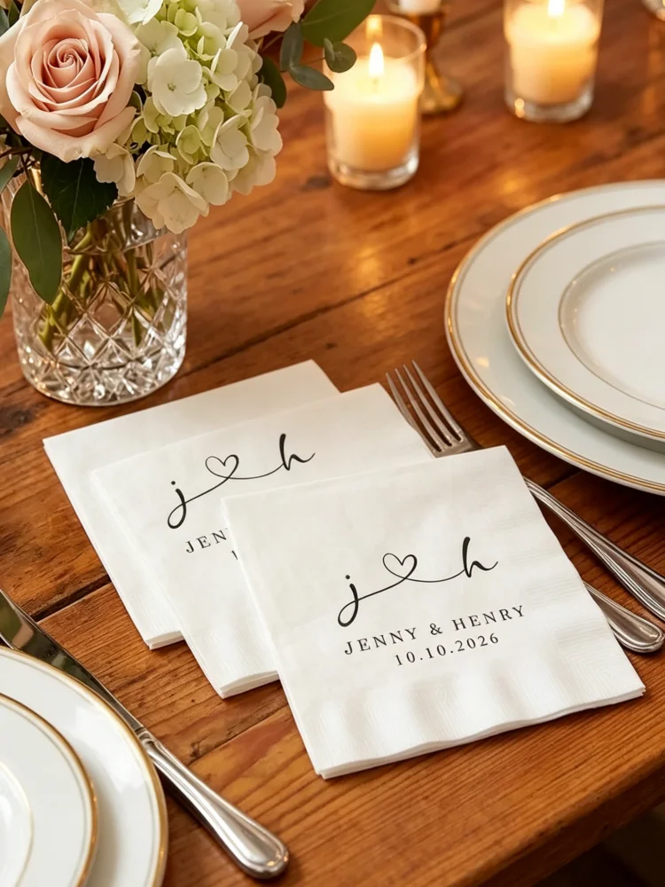 

Custom Text Personalized Wedding Napkins, Disposable Cocktail Luncheon Dinner Guest Towels, Custom Monogram Printed Table