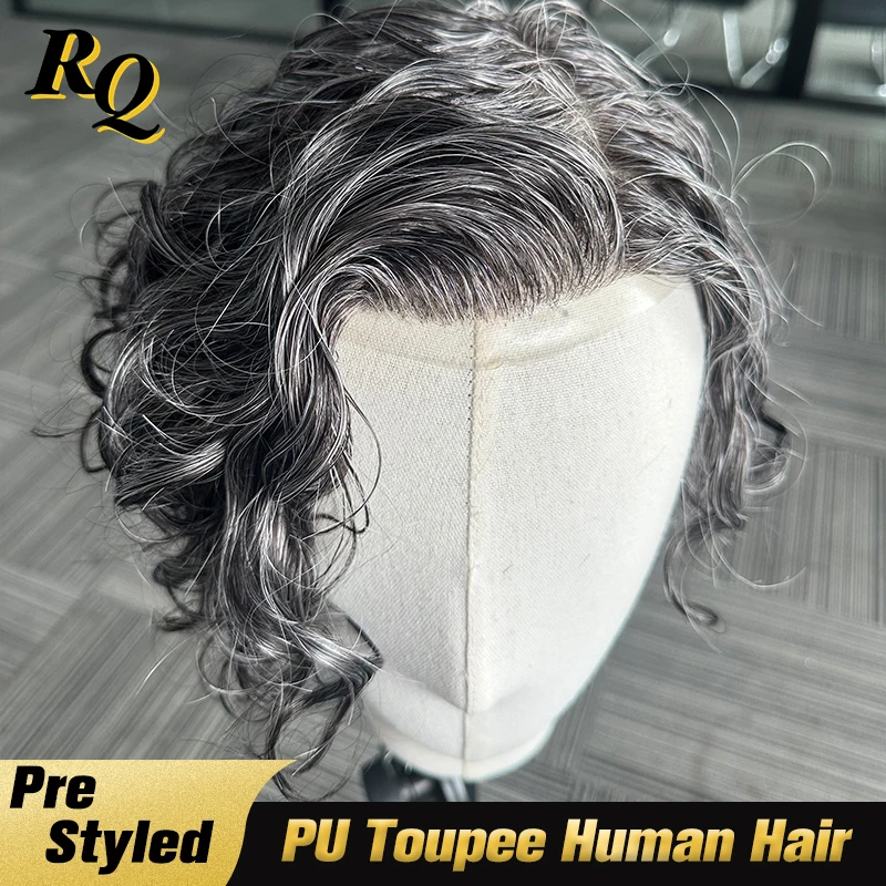 Men's Toupee Human Hair Pre Styled Natural Wavy Toupee For Men PU Base Toupee Hair Replacement System Piece Long White Hair Male