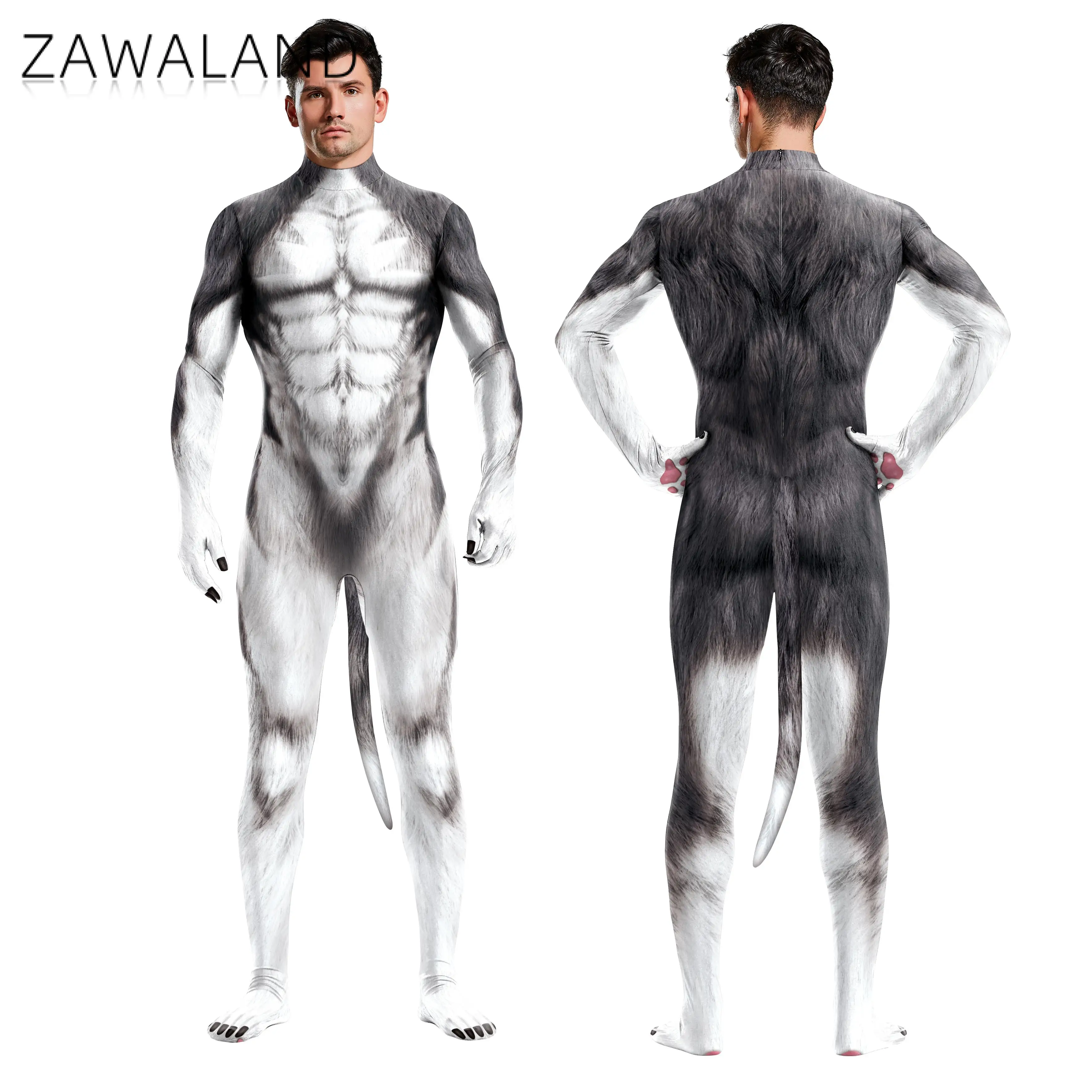 Zawaland Unisex Sexy Dünne Cosplay Kostüm Schnee Wolf Set Tier 3D Druck Zentai Jumpuit Voller Bodysuit mit Schwanz Party Overall