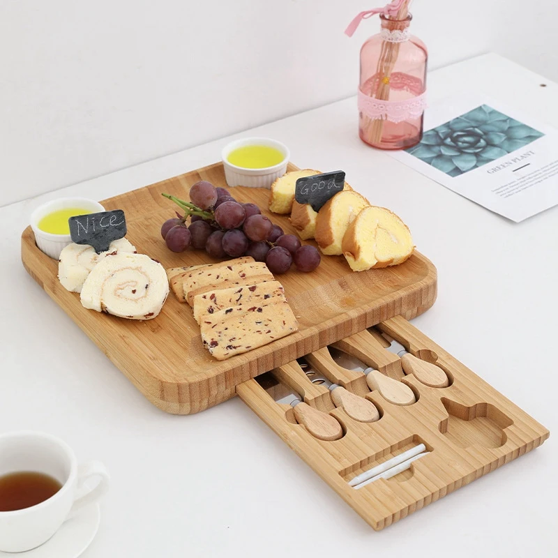 

Bamboo Cheese Board Set 2 Jam Saucers And 4 Stainless Steel Knives Bamboo Charcuterie Platter Cooking Tools