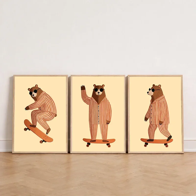 Multiple sizes 3pcs frameless Canvas Painting 3PCS Skateboarding Bear Wall Art  Playfu Nursery Animal Poster  Green And Beige Re