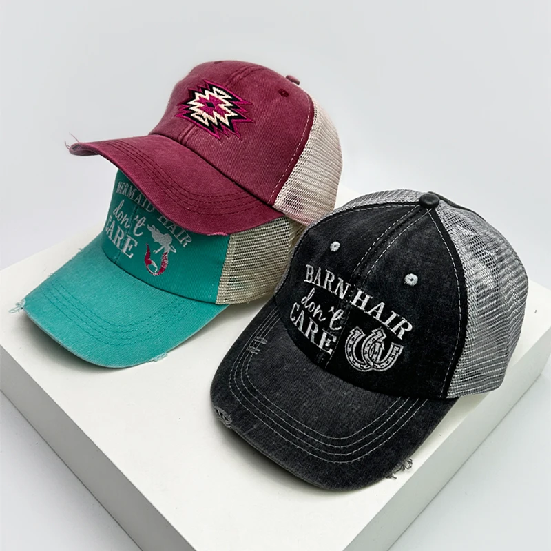 

New Women Pattern Letter Embroidery Baseball Hats Breathable Criss Cross Ponytail Sunshade Versatile Mesh Trucker caps Broken