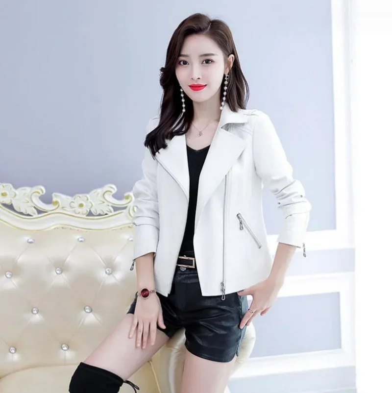 2024 Women Leather Jacket Spring Autumn Fashion Suit Collar Slim Biker Coat Split Leather Outerwear Sheepskin Streetwear Tops