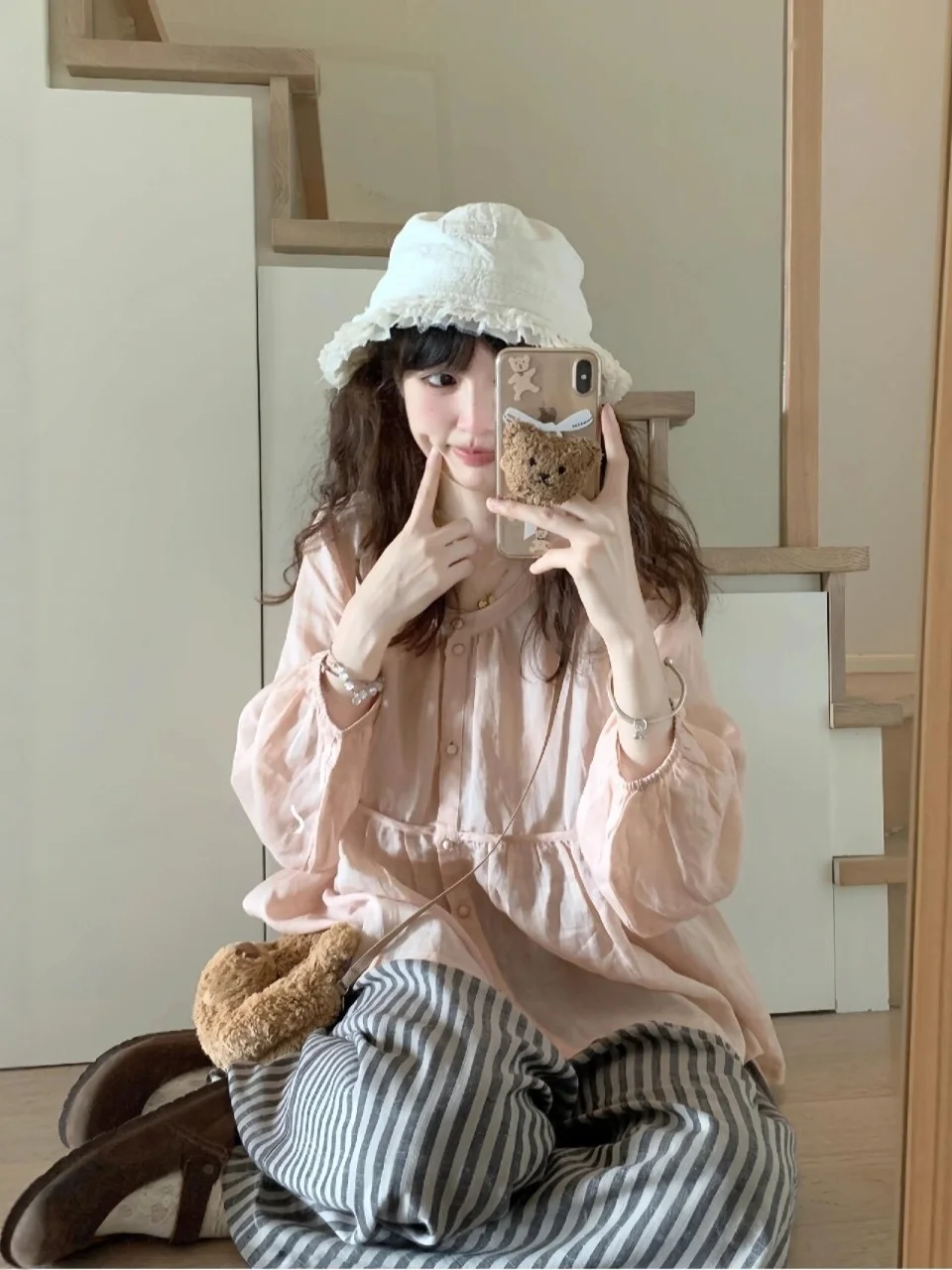 

Pink Single-Button Loose Bubble-Sleeve Women's Shirt Spring Fashion Design Anti-Uv Top Korean Style Straight-Cut Long-Sleeve