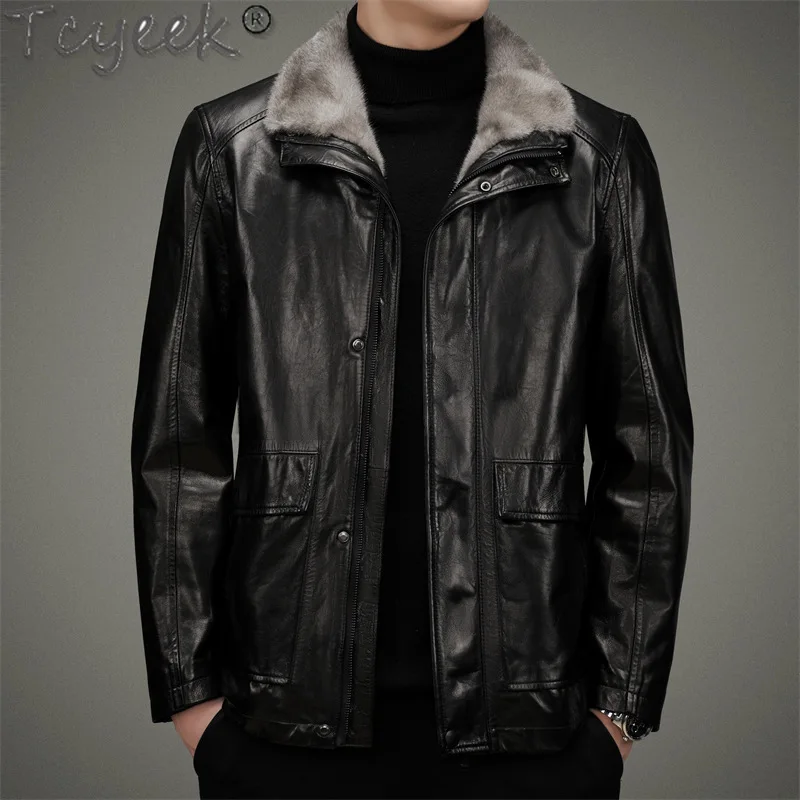 Tcyeek Goatskin Genuine Leather Jacket Men Mink Fur Collar Autumn Winter Mens Clothes 90% White Duck Down Coat Jaqueta Couro