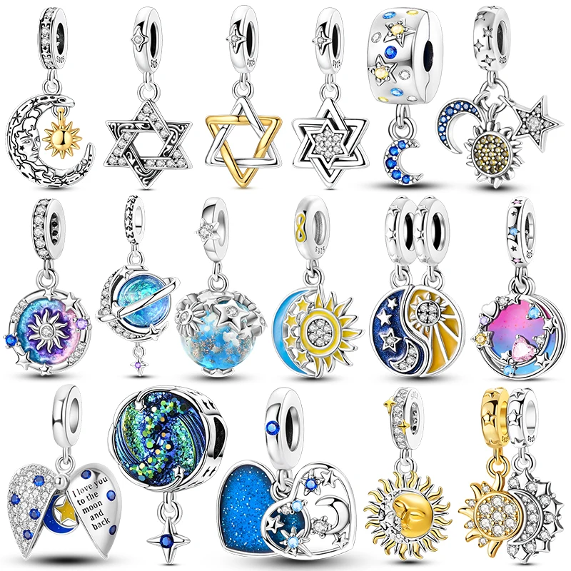 Sun Moon Star Planet Charm Beads Celestial Dangle Charms Fits 3mm Bracelet Necklace For Women Luxury 925 Silver DIY Fine Jewelry