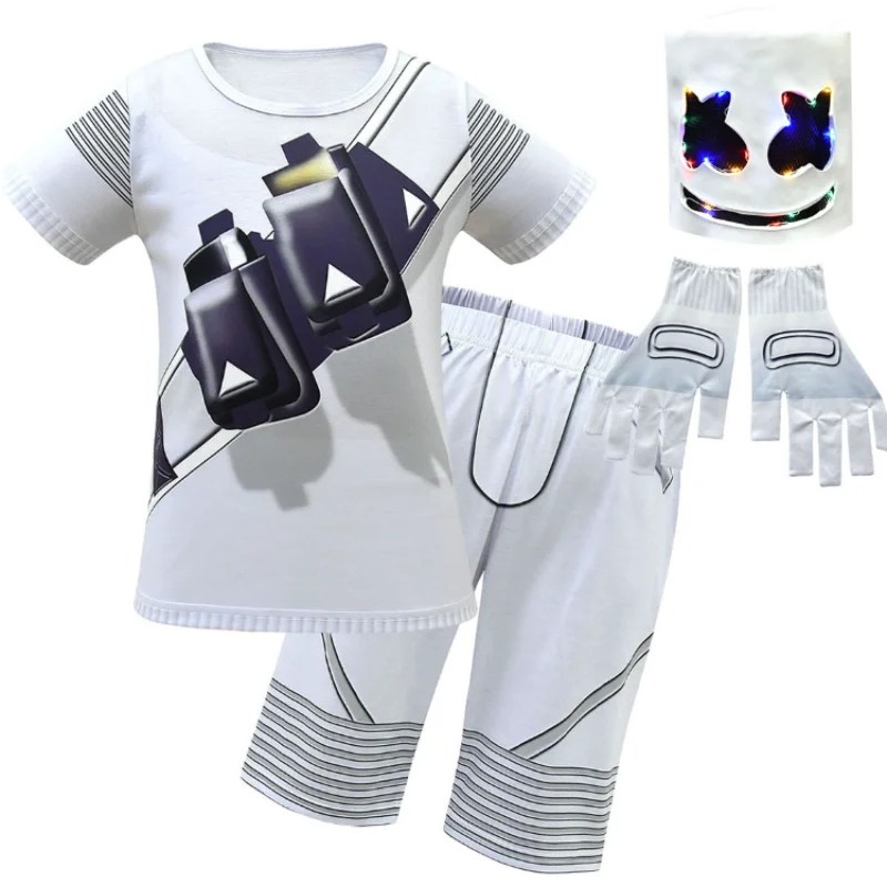 Kids Cosplay Costumes Marshmello Rock Summer T-shirt+shorties DJ Mask Anime Children's Halloween Cosplay Costumes LED Headgear