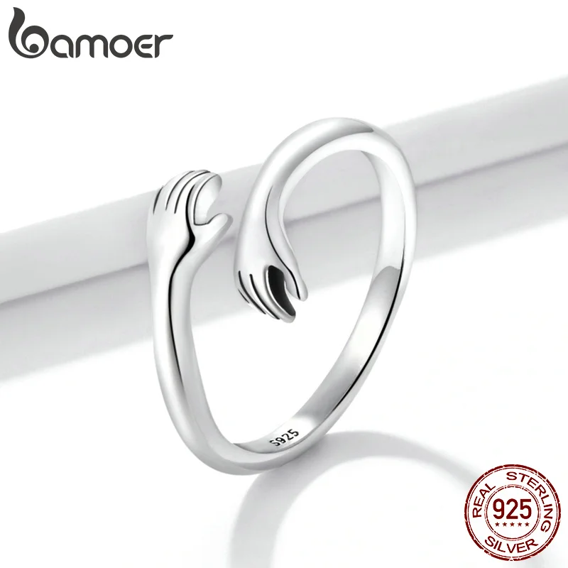 BAMOER 925 Sterling Silver Hug Warmth and Love Hand Adjustable Ring for Women Party Jewelry, His Big Loving Hugs Ring 3 Colors