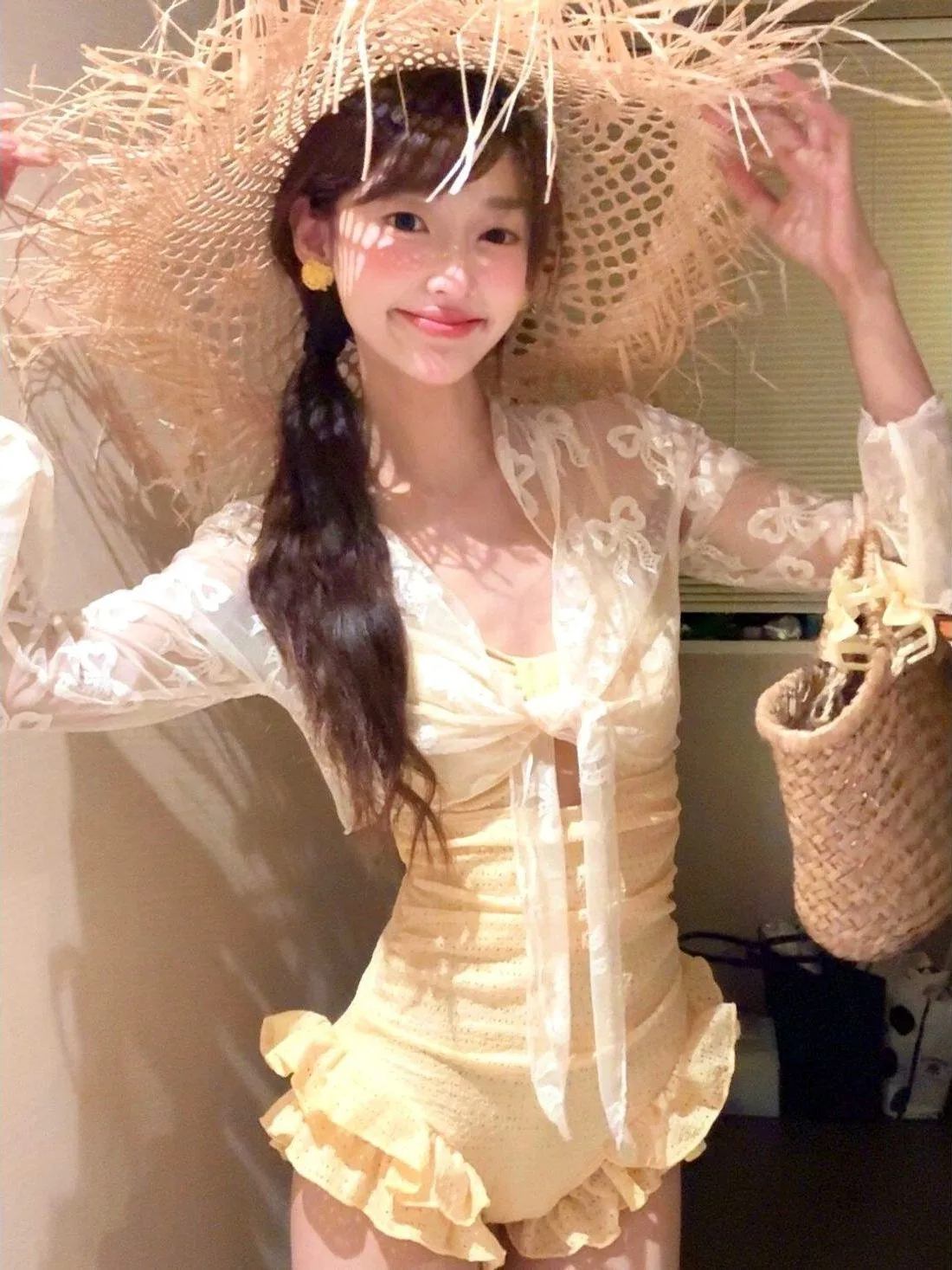 

sexy kpop conservative yellow swimsuits two pieces ruched knot ruffles bodysuits bikinis with long sleeve mesh bow cover smock