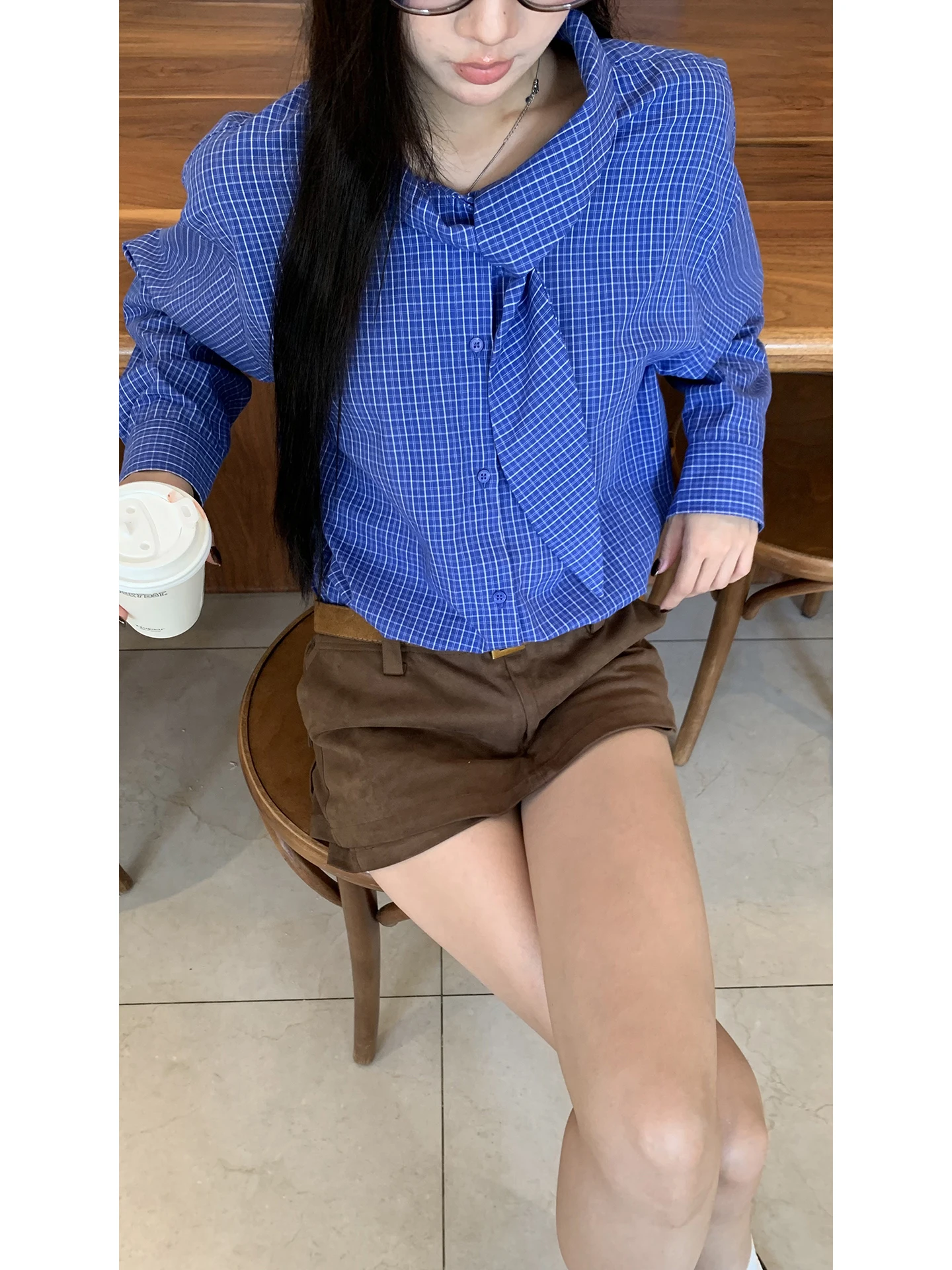 

Blue Plaid irt Women's Early Autumn Faion 2025 New Small Asset Top Design Sense Cotton Long Sve Collar Busin C...