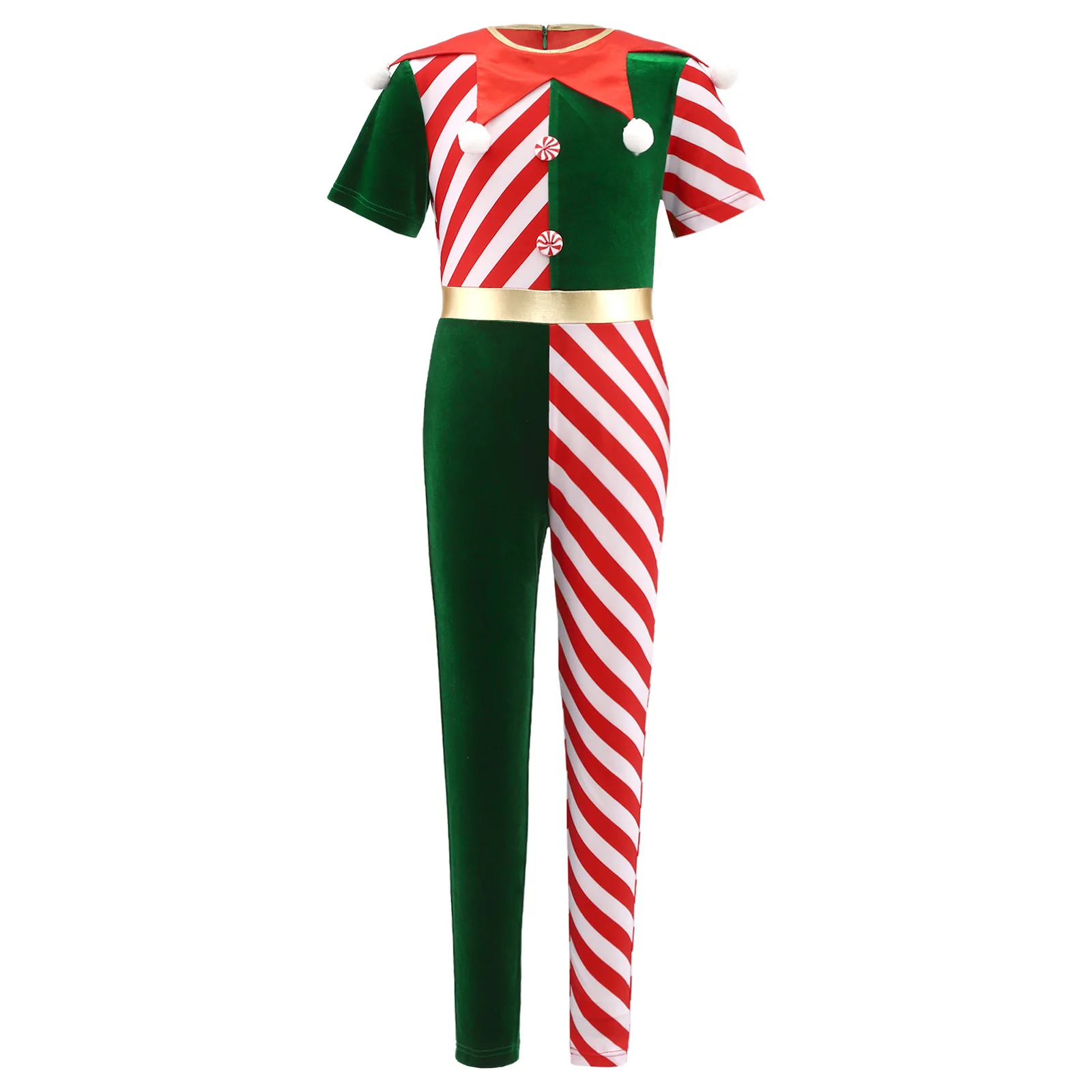 

Boys Girls Xmas Party Costumes Adorned with Pompom Stripe Long Pants Christmas Jumpsuit for Christmas Parties Cosplay Events