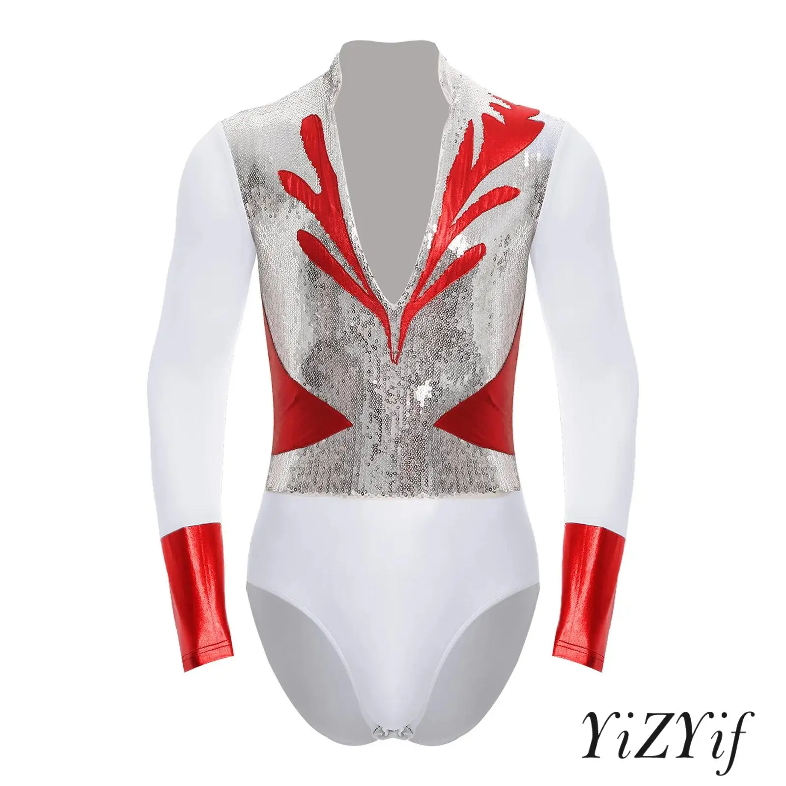 Body de patinaje artístico para hombre de grado profesional con retales de lentejuelas metálicas y diseño de cuello en V para actuación de danza de Ballet