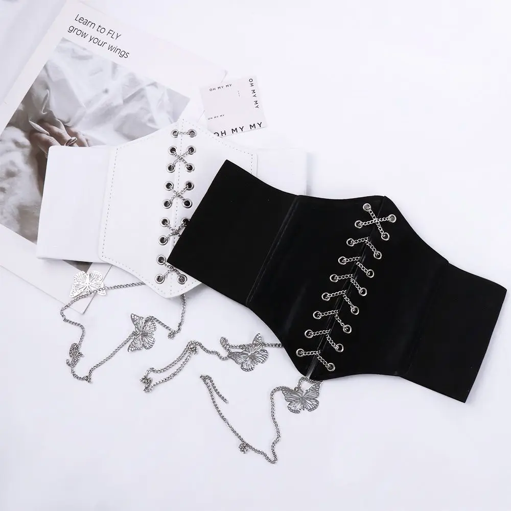 Simple Female Corset Dress High Waist Korean Cummerbunds Waist Belt Butterfly Chain Female Waistband